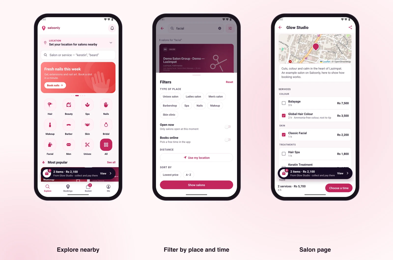 Saloonly app screens: browsing salons nearby and a salon page with services and prices